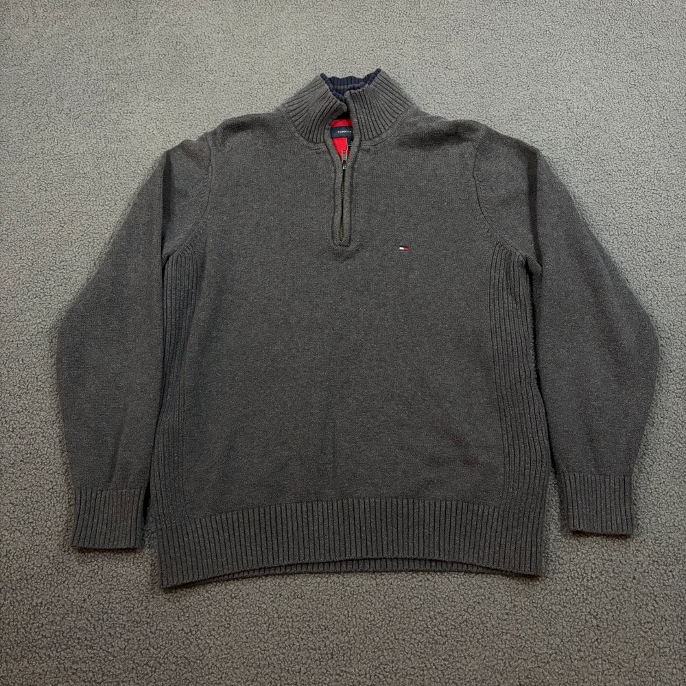 Tommy Hilfiger Quarter Zip Sweater Mens Small Gray Cotton Ribbed Knit 735595